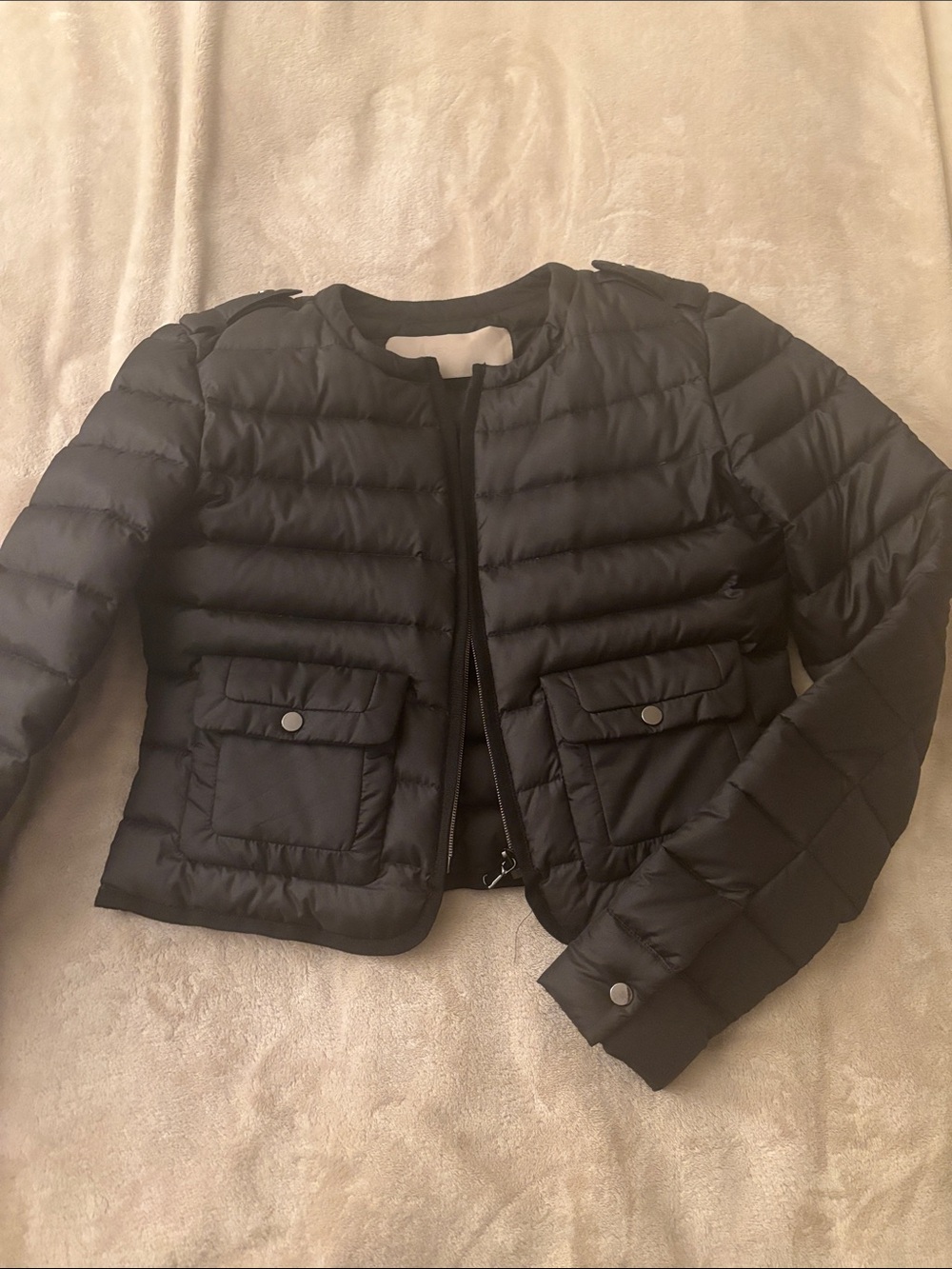 Black Quilted cropped down silk puffer sz xs